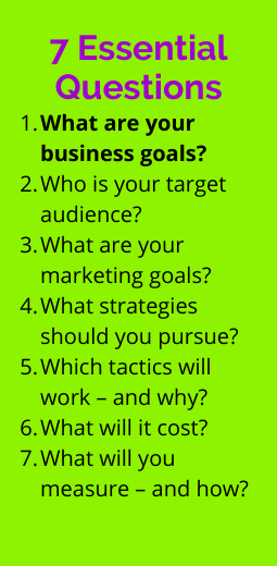List of marketing planning questions on business goals, audience, marketing goals, strategies, tactics, costs and measurement